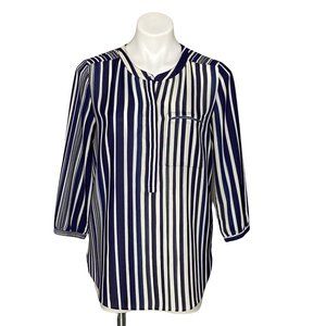 NYDJ Tunic, Blue White Stripes Henley Pleat Back Top, Polyester, Size M